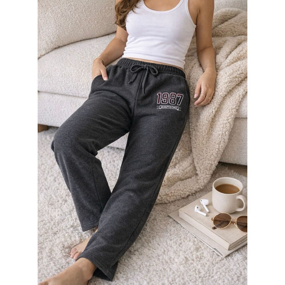 Aeropostale Gray Sweatpants Fleece Lined Joggers 1987 Logo Drawstring Size Mediu